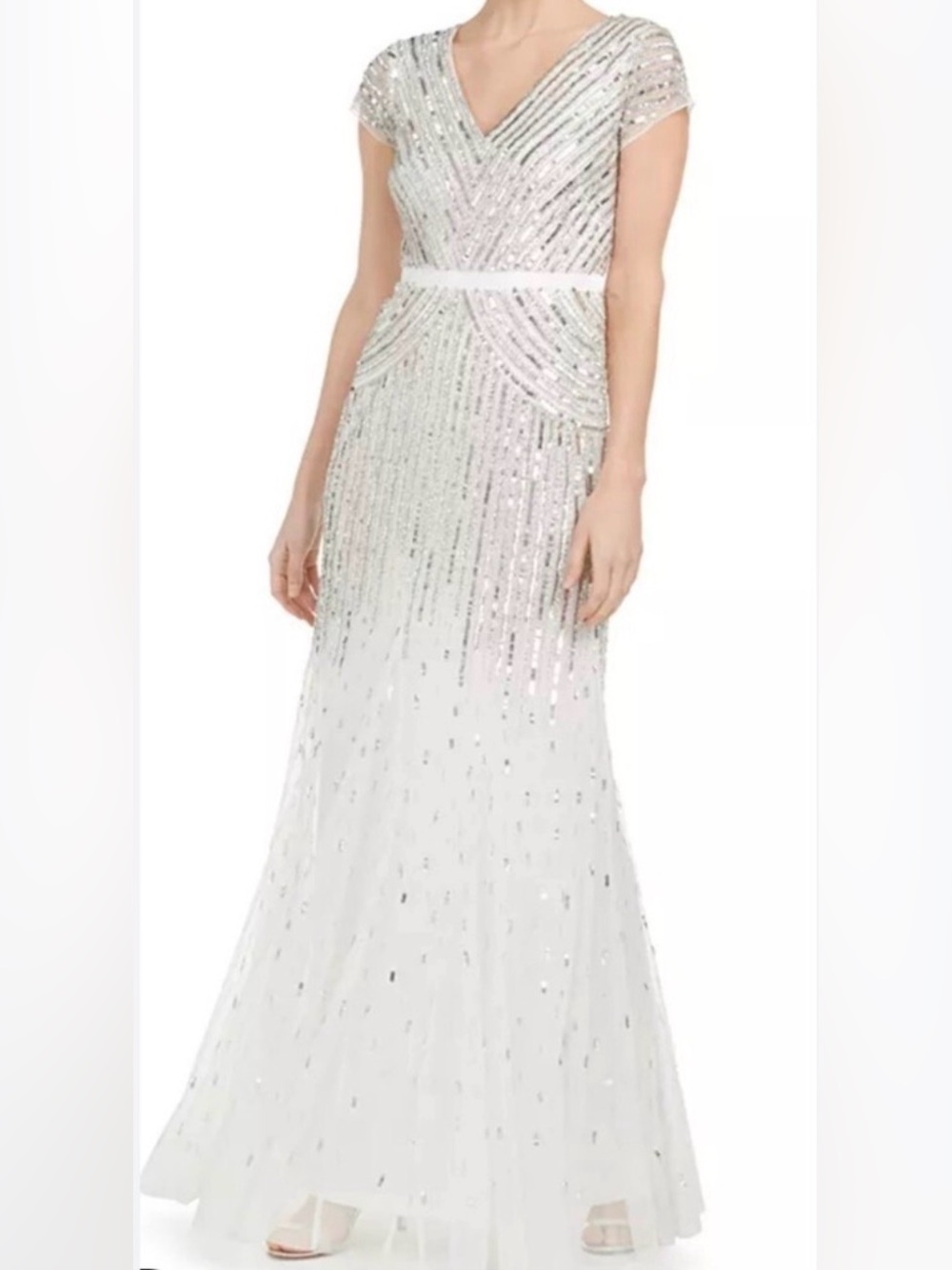 Adrianna Papell White Beaded V-Neck Evening Dress